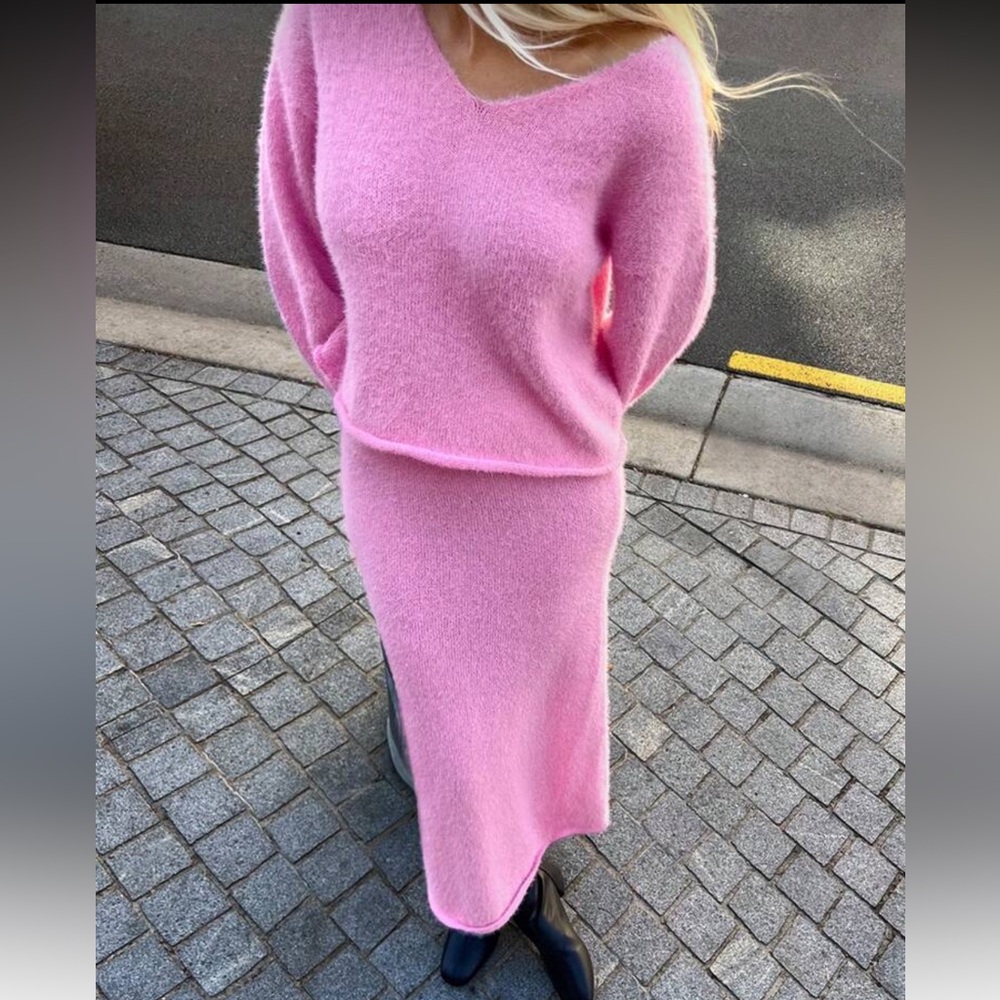 Pink Maxi Knit Skirt and Sweater Set